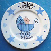 Handpainted Personalised Plate - Pram Baby Boy