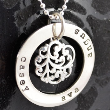 .Personalised Handstamped or Precision Stamped Silver Necklace - Charm Range - Large Circle with decorative centre